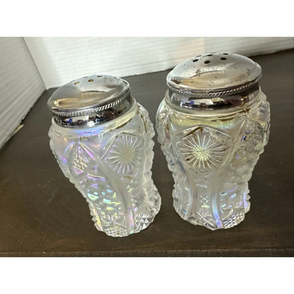 Vintage Fenton Opalescent Carnival Glass Daisy Button Salt Pepper Shaker Set 3